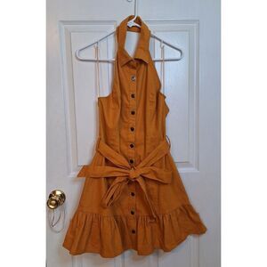 Jealous Tomato Mustard Yellow Denim Halter Mini Dress Ruffled Festival Size M